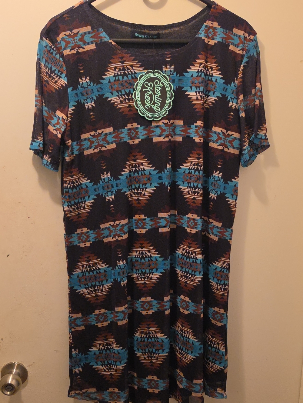 Aztec Print Short Sleeve Shift Dress in Black & Teal - Storybook Threads